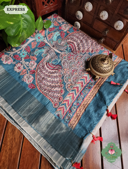 Off White / Turquoise Jute Linen Saree, Kalamkari Pallu With Kantha Work, All Over Frenchknot Embroidery Butis