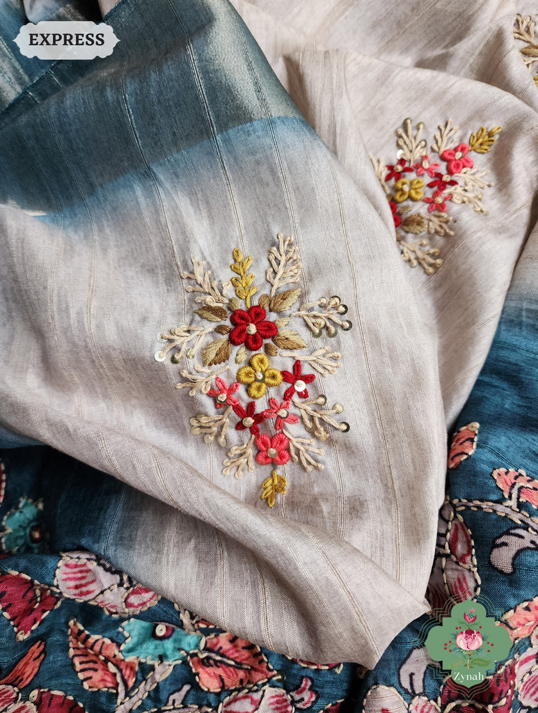 Off White / Turquoise Jute Linen Saree, Kalamkari Pallu With Kantha Work, All Over Frenchknot Embroidery Butis