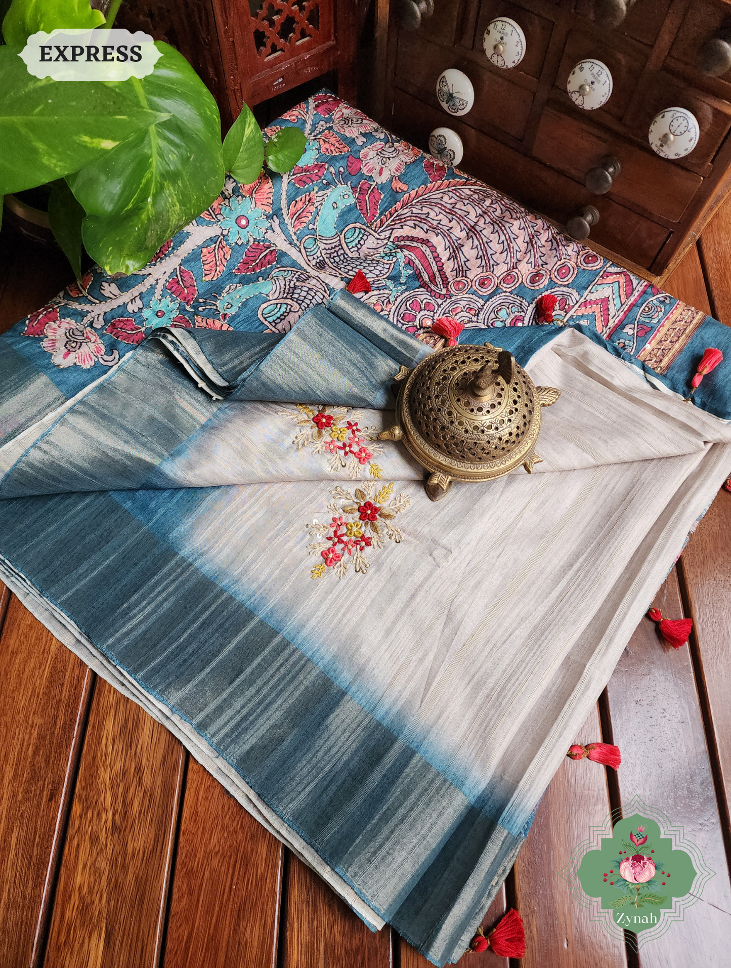 Off White / Turquoise Jute Linen Saree, Kalamkari Pallu With Kantha Work, All Over Frenchknot Embroidery Butis