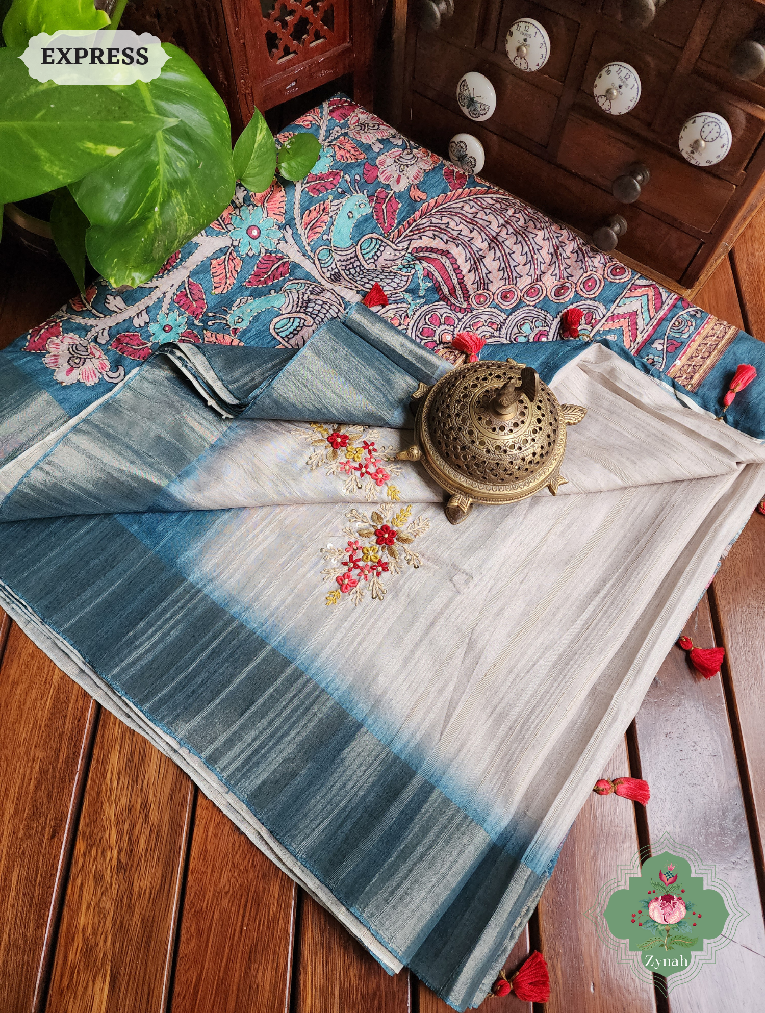Off White / Turquoise Jute Linen Saree, Kalamkari Pallu With Kantha Work, All Over Frenchknot Embroidery Butis
