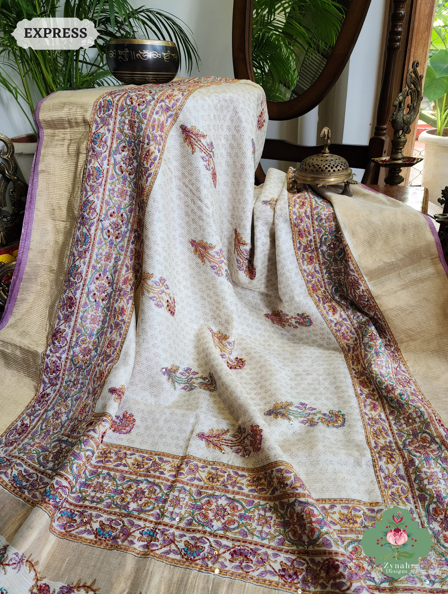 Zynah Off White Pure Kota Tussar Silk Half & Half Saree With Hand Block Print & Hand Embroidery; Custom Stitched/Ready-made Blouse, Fall, Petticoat; SKU: 1209202403