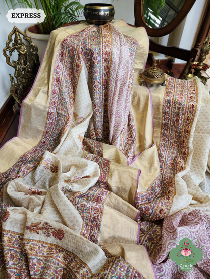 Zynah Off White Pure Kota Tussar Silk Half & Half Saree With Hand Block Print & Hand Embroidery; Custom Stitched/Ready-made Blouse, Fall, Petticoat; SKU: 1209202403
