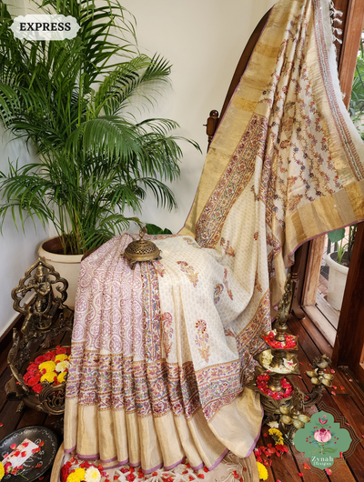 Zynah Off White Pure Kota Tussar Silk Half & Half Saree With Hand Block Print & Hand Embroidery; Custom Stitched/Ready-made Blouse, Fall, Petticoat; SKU: 1209202403