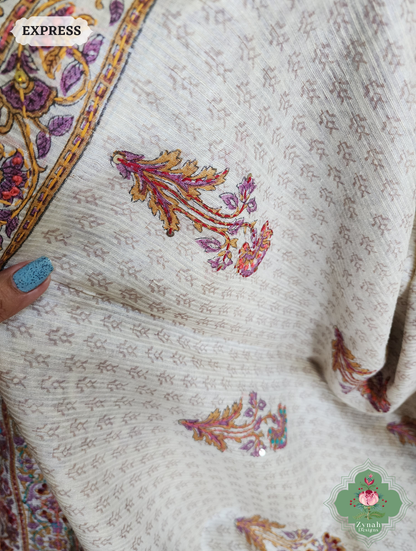 Zynah Off White Pure Kota Tussar Silk Half & Half Saree With Hand Block Print & Hand Embroidery; Custom Stitched/Ready-made Blouse, Fall, Petticoat; SKU: 1209202403