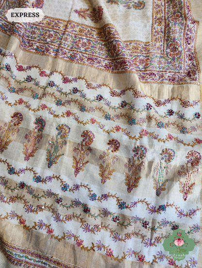 Zynah Off White Pure Kota Tussar Silk Half & Half Saree With Hand Block Print & Hand Embroidery; Custom Stitched/Ready-made Blouse, Fall, Petticoat; SKU: 1209202403