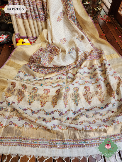 Zynah Off White Pure Kota Tussar Silk Half & Half Saree With Hand Block Print & Hand Embroidery; Custom Stitched/Ready-made Blouse, Fall, Petticoat; SKU: 1209202403