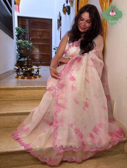 Mrinalini Off White / Pink Organza Silk Saree With Hand Mirrorwork