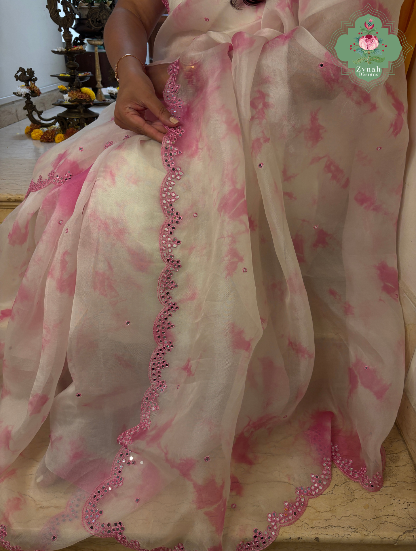 Mrinalini Off White / Pink Organza Silk Saree With Hand Mirrorwork