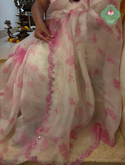 Mrinalini Off White / Pink Organza Silk Saree With Hand Mirrorwork