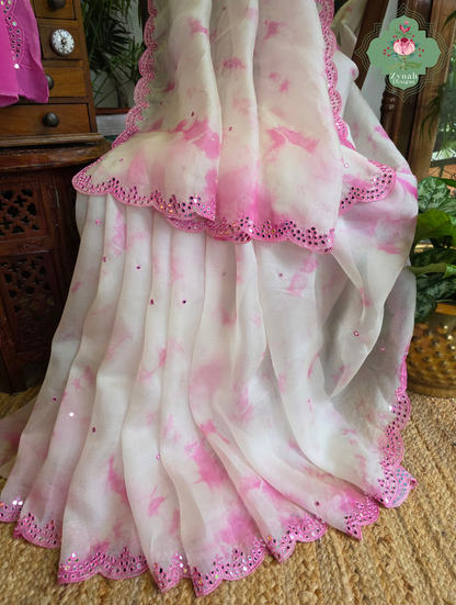 Mrinalini Off White / Pink Organza Silk Saree With Hand Mirrorwork