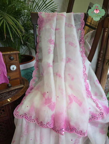 Mrinalini Off White / Pink Organza Silk Saree With Hand Mirrorwork