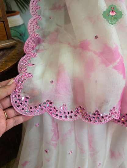 Mrinalini Off White / Pink Organza Silk Saree With Hand Mirrorwork