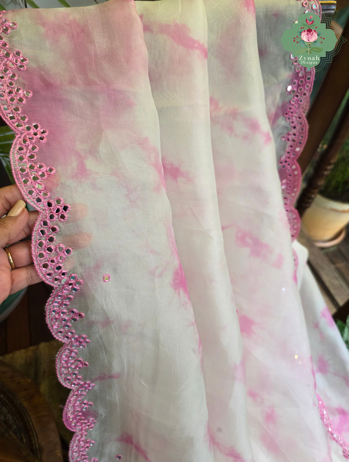 Mrinalini Off White / Pink Organza Silk Saree With Hand Mirrorwork