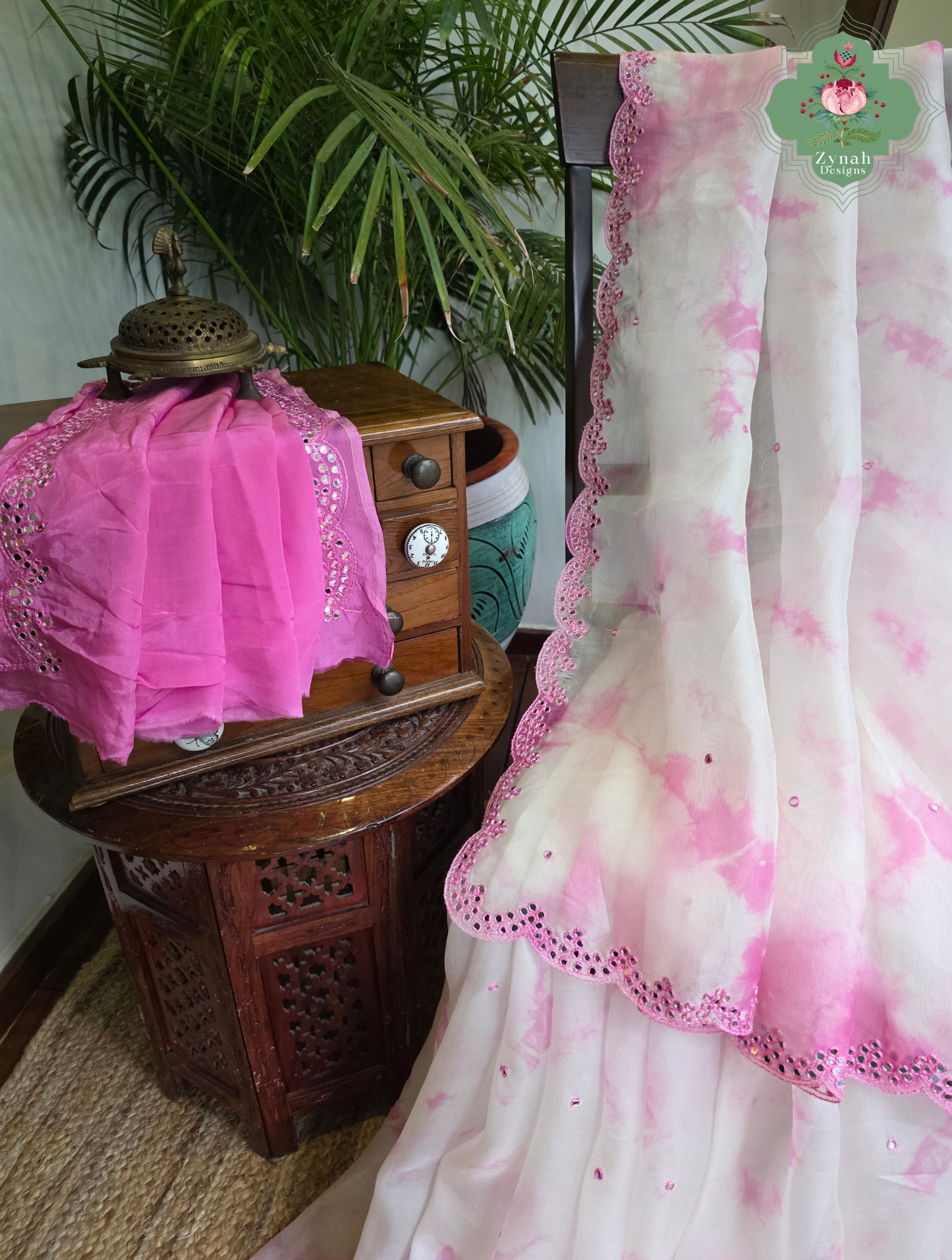Mrinalini Off White / Pink Organza Silk Saree With Hand Mirrorwork