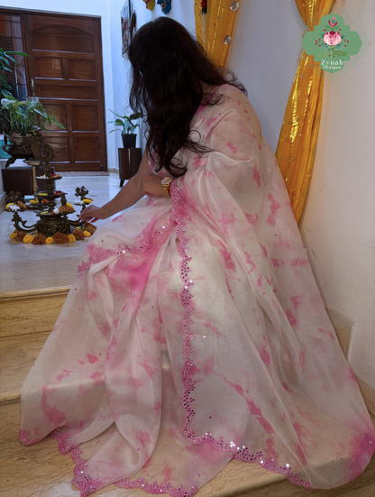 Mrinalini Off White / Pink Organza Silk Saree With Hand Mirrorwork