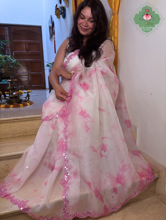 Mrinalini Off White / Pink Organza Silk Saree With Hand Mirrorwork