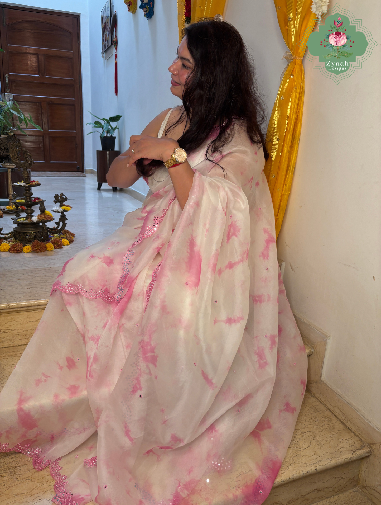 Mrinalini Off White / Pink Organza Silk Saree With Hand Mirrorwork