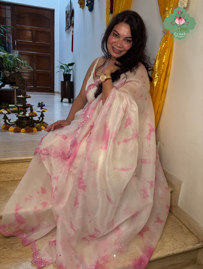 Mrinalini Off White / Pink Organza Silk Saree With Hand Mirrorwork