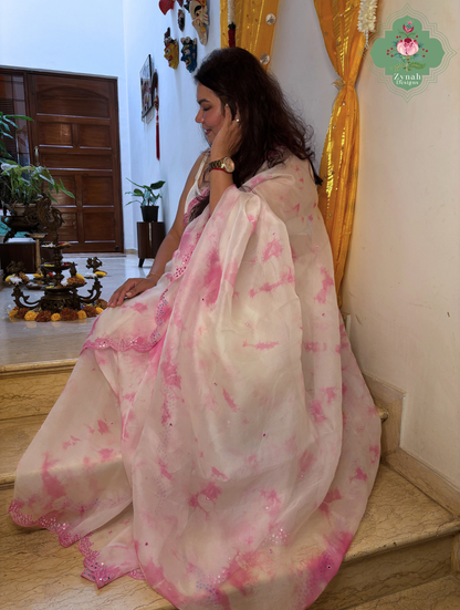 Mrinalini Off White / Pink Organza Silk Saree With Hand Mirrorwork
