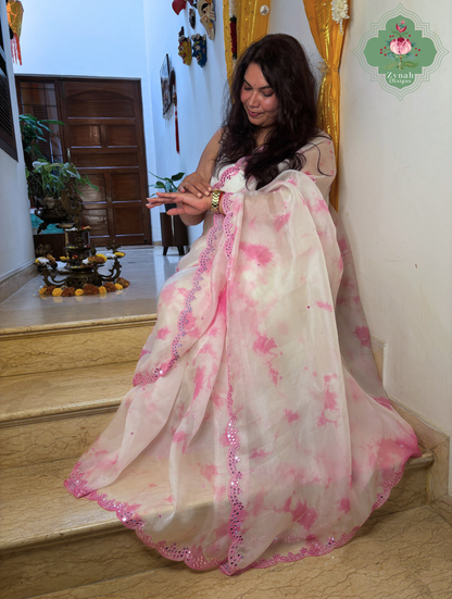 Mrinalini Off White / Pink Organza Silk Saree With Hand Mirrorwork