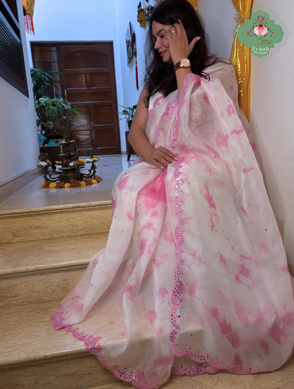 Mrinalini Off White / Pink Organza Silk Saree With Hand Mirrorwork