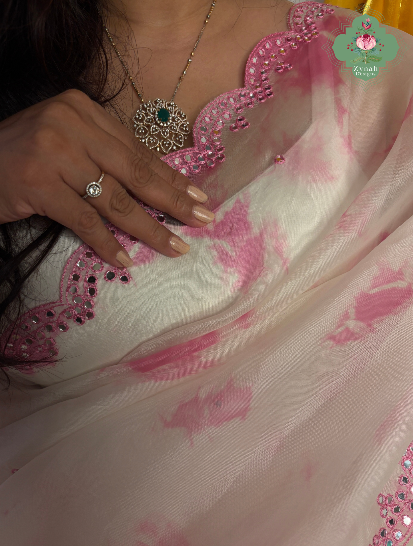 Mrinalini Off White / Pink Organza Silk Saree With Hand Mirrorwork