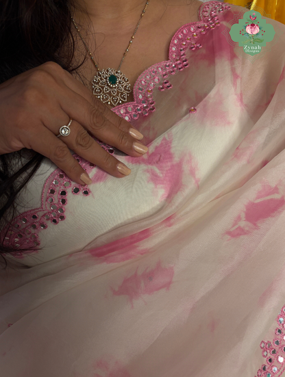 Mrinalini Off White / Pink Organza Silk Saree With Hand Mirrorwork