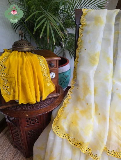 Manjari Off White / Yellow Organza Silk Saree With Hand Mirrorwork