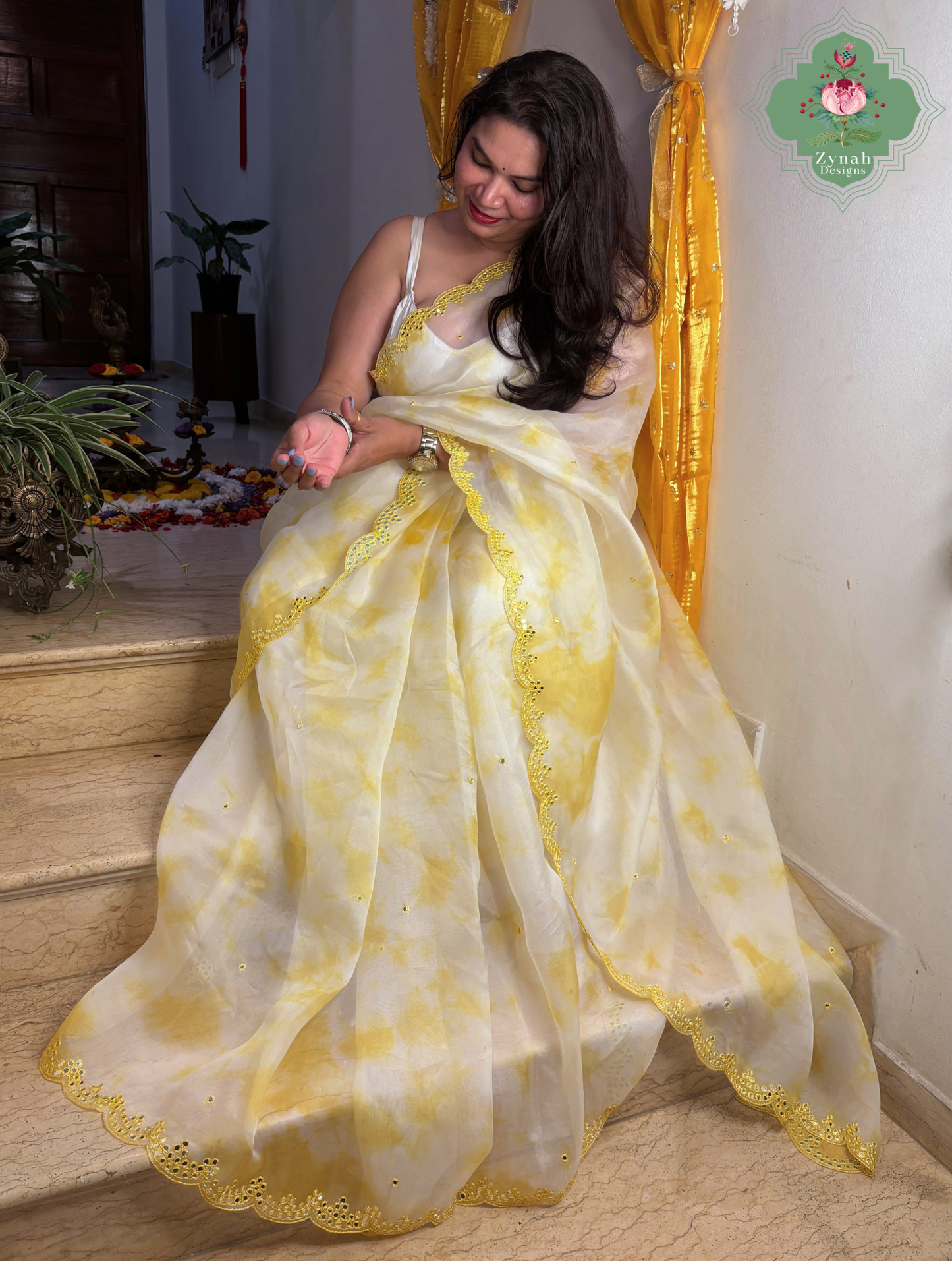 Manjari Off White / Yellow Organza Silk Saree With Hand Mirrorwork