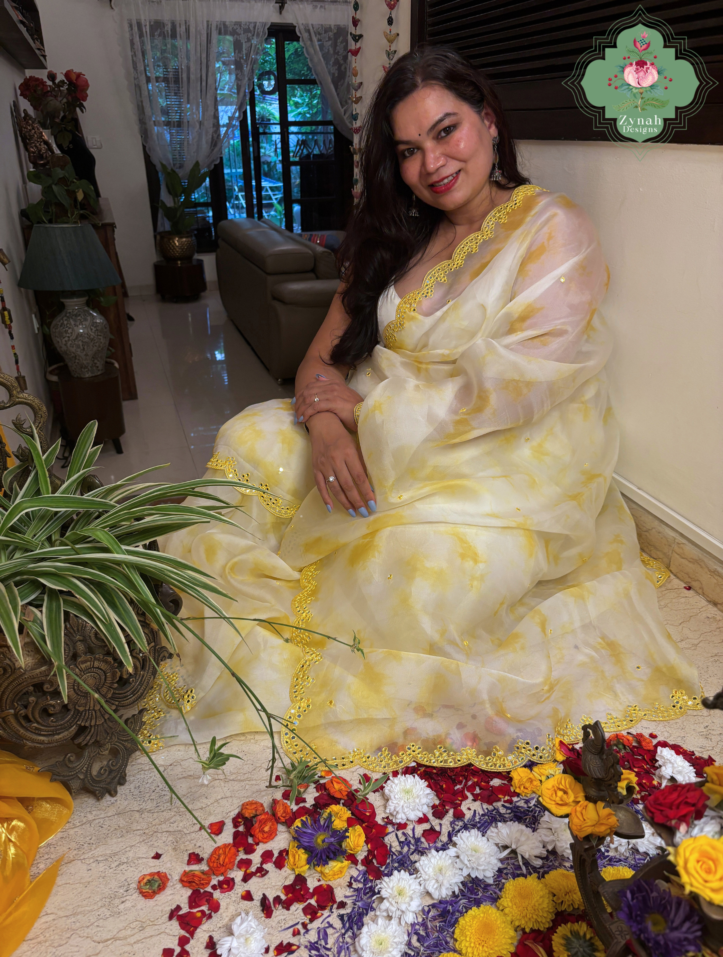 Manjari Off White / Yellow Organza Silk Saree With Hand Mirrorwork