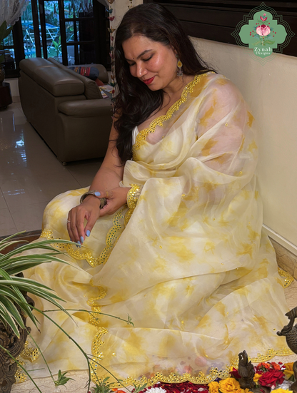 Manjari Off White / Yellow Organza Silk Saree With Hand Mirrorwork