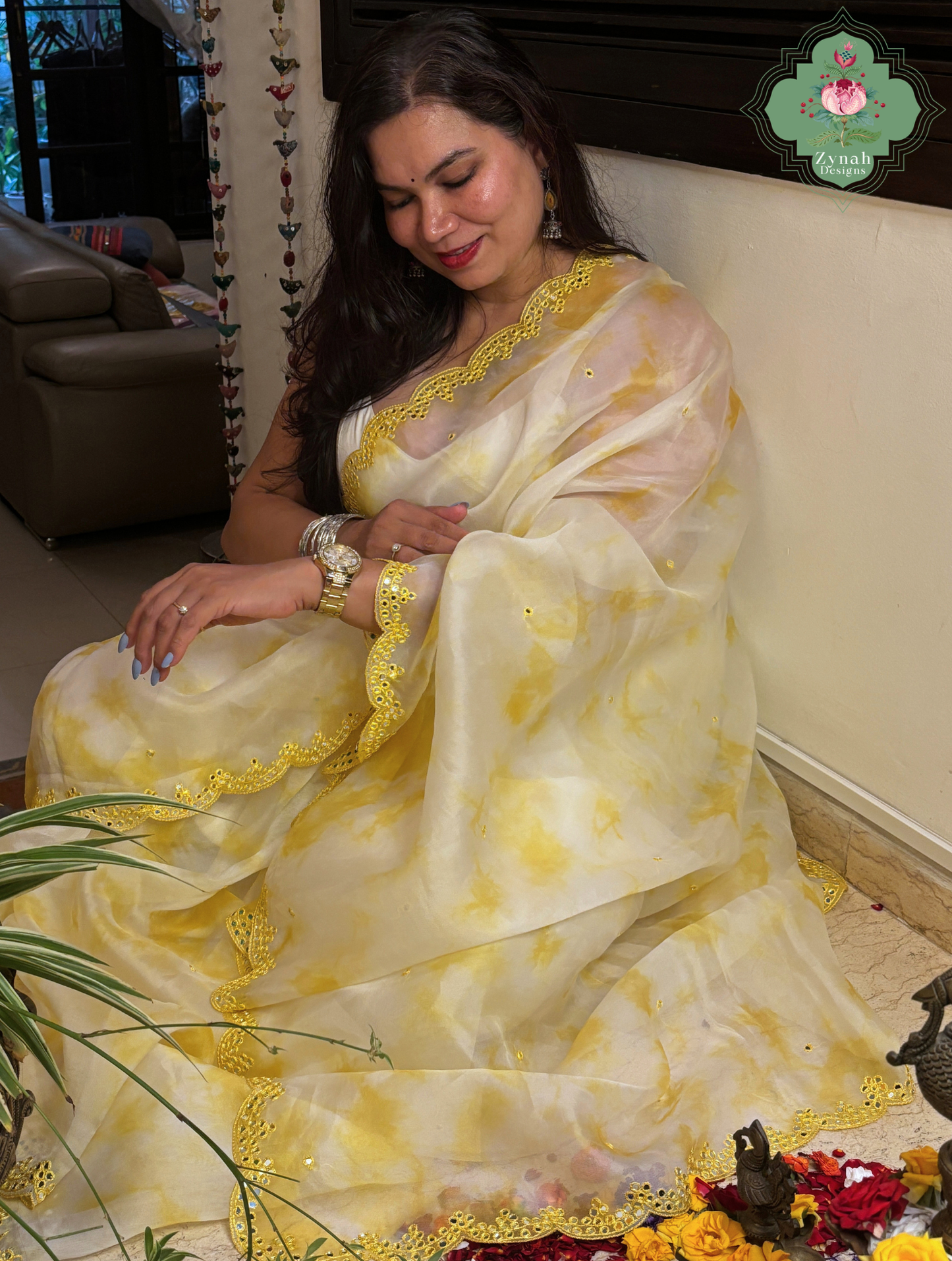 Manjari Off White / Yellow Organza Silk Saree With Hand Mirrorwork