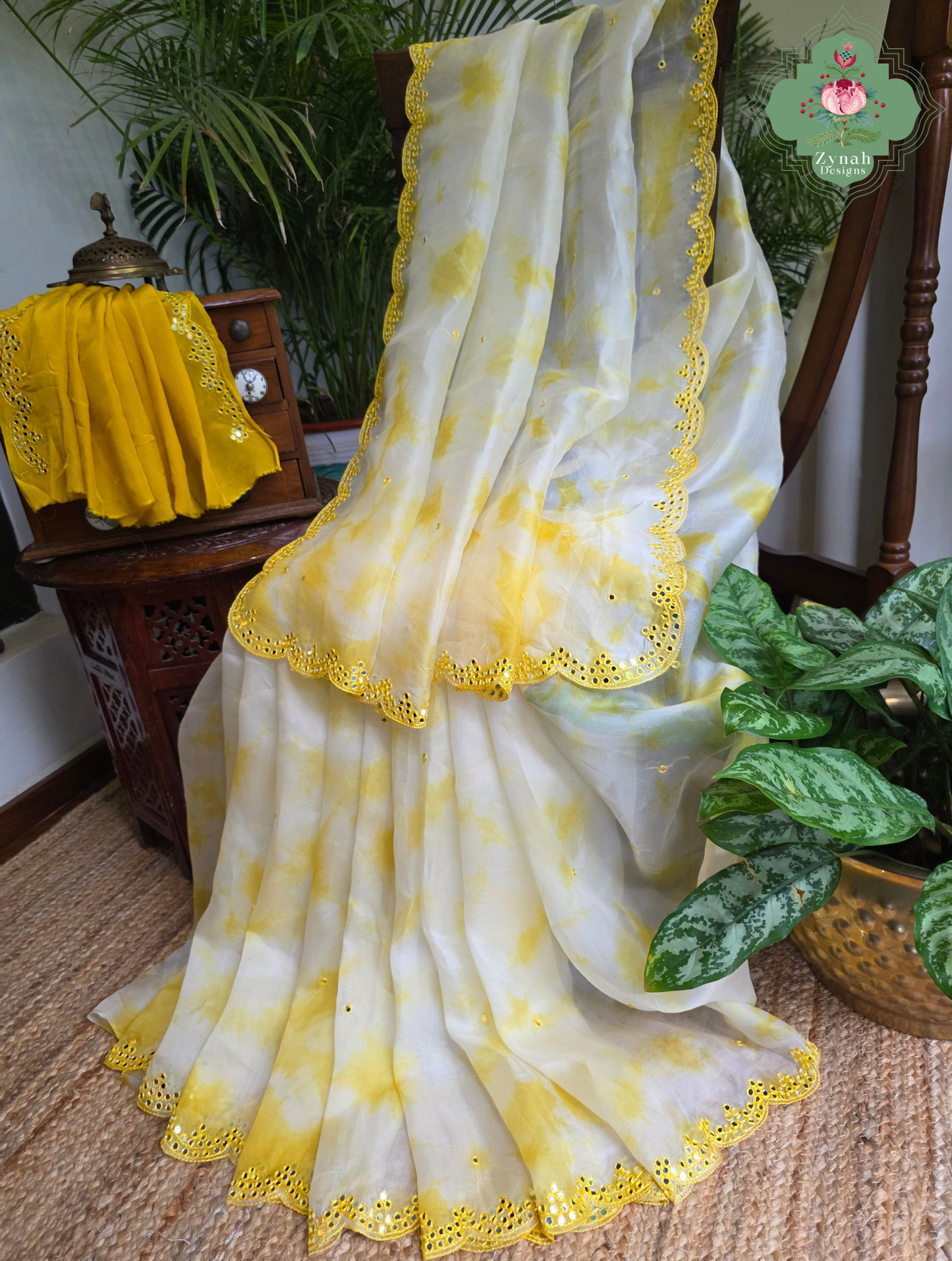 Manjari Off White / Yellow Organza Silk Saree With Hand Mirrorwork