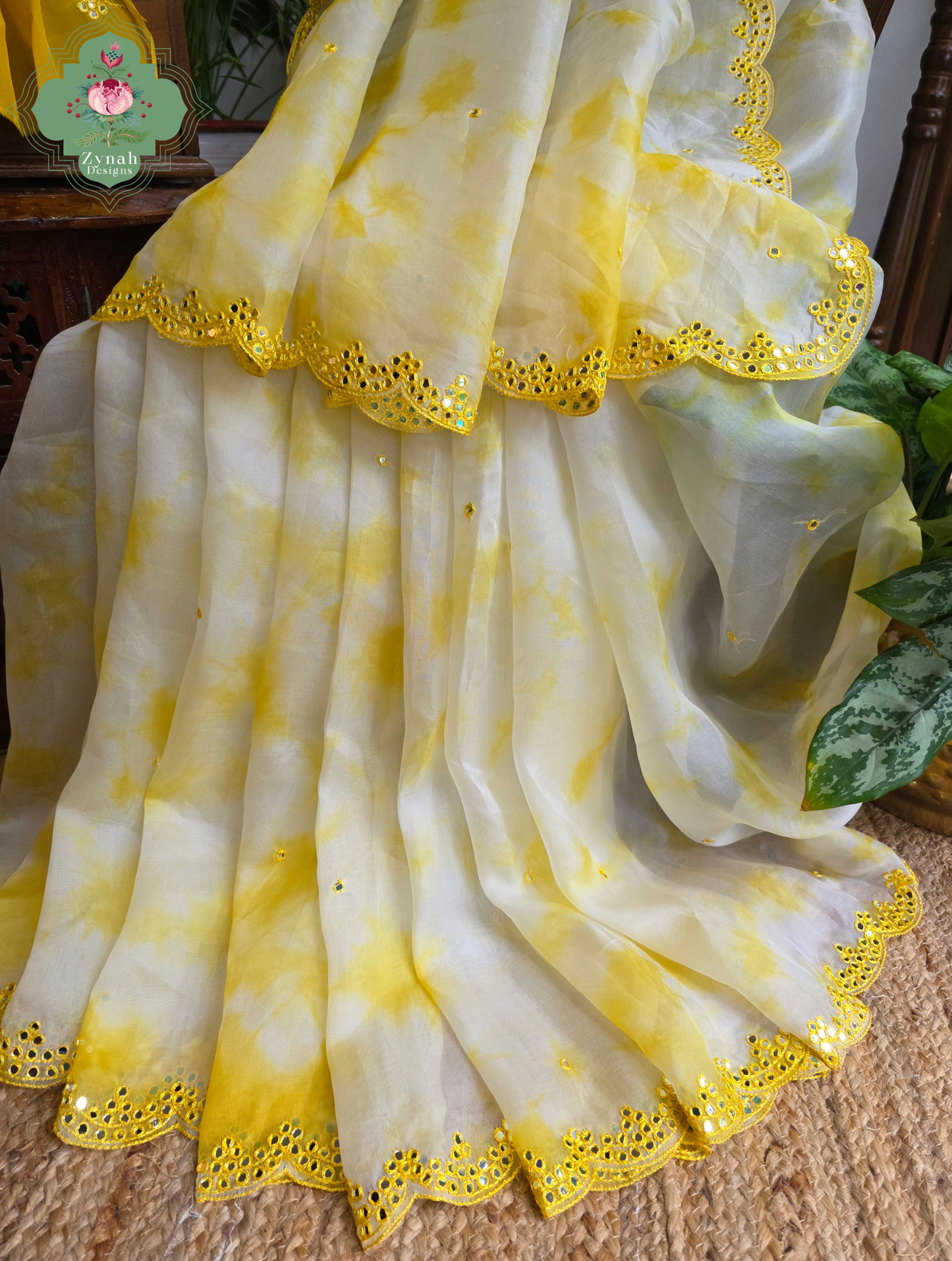 Manjari Off White / Yellow Organza Silk Saree With Hand Mirrorwork