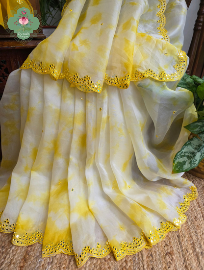 Manjari Off White / Yellow Organza Silk Saree With Hand Mirrorwork