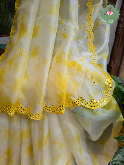 Manjari Off White / Yellow Organza Silk Saree With Hand Mirrorwork
