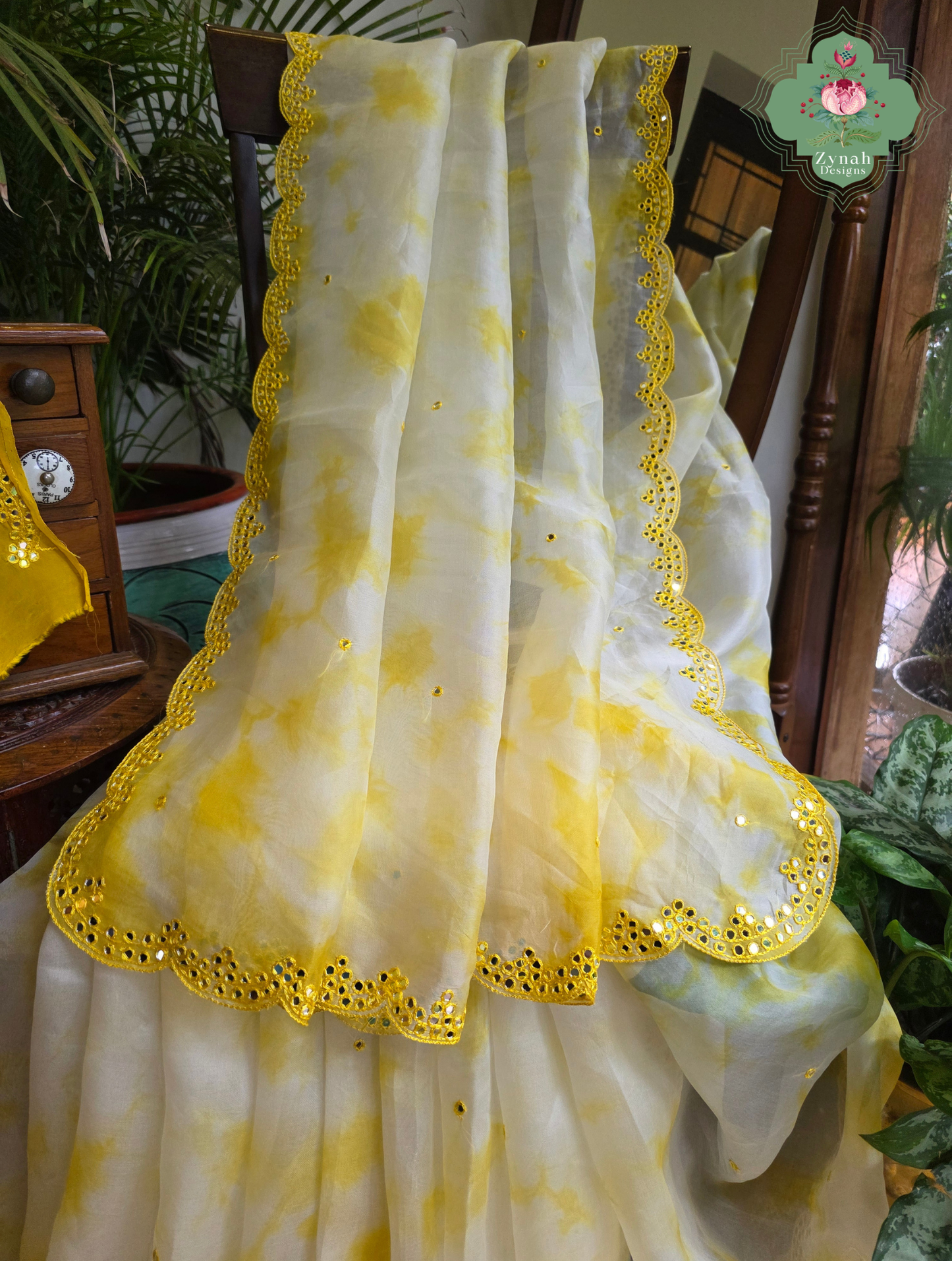 Manjari Off White / Yellow Organza Silk Saree With Hand Mirrorwork