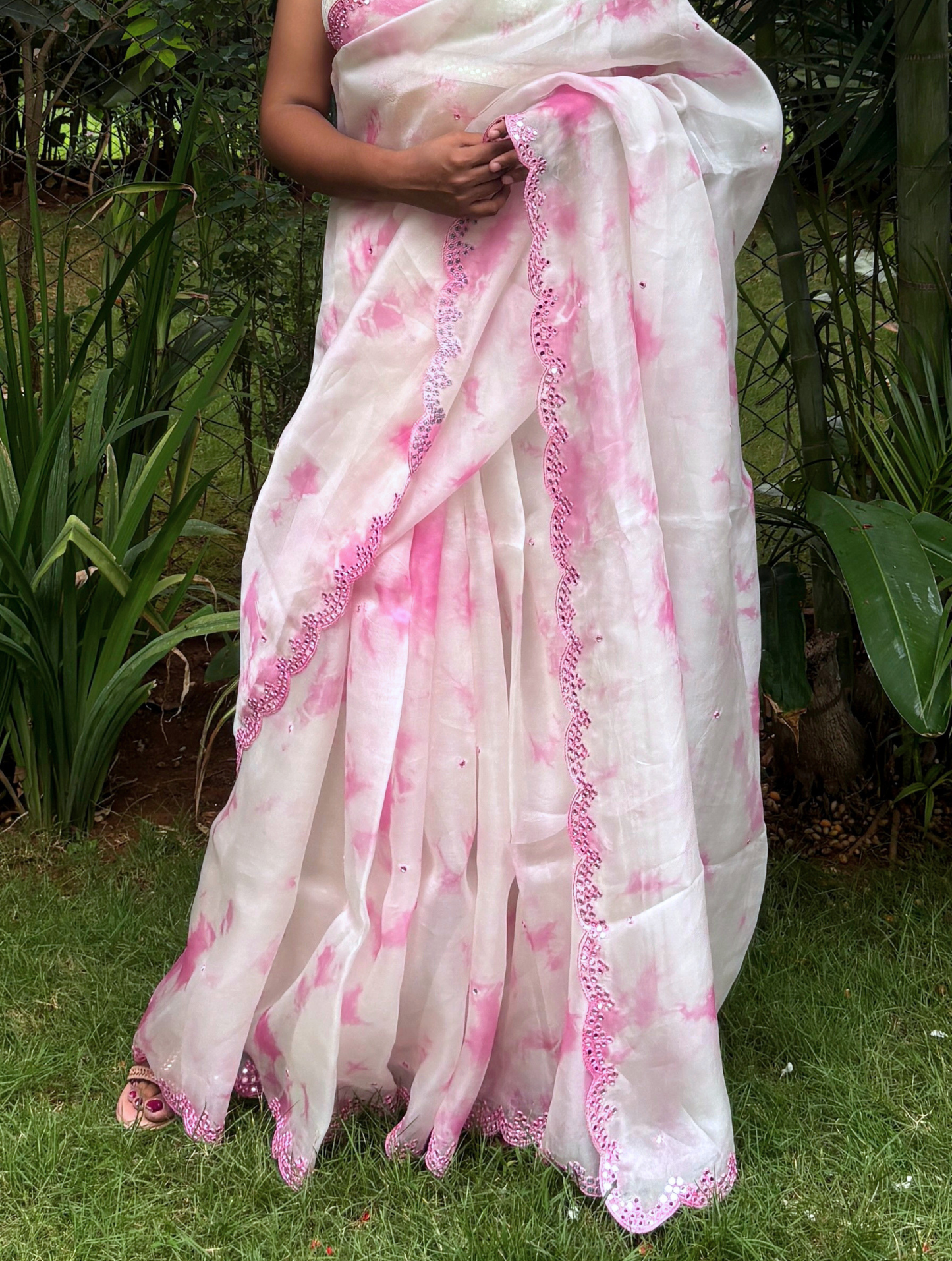 Mrinalini Off White / Pink Organza Silk Saree With Hand Mirrorwork