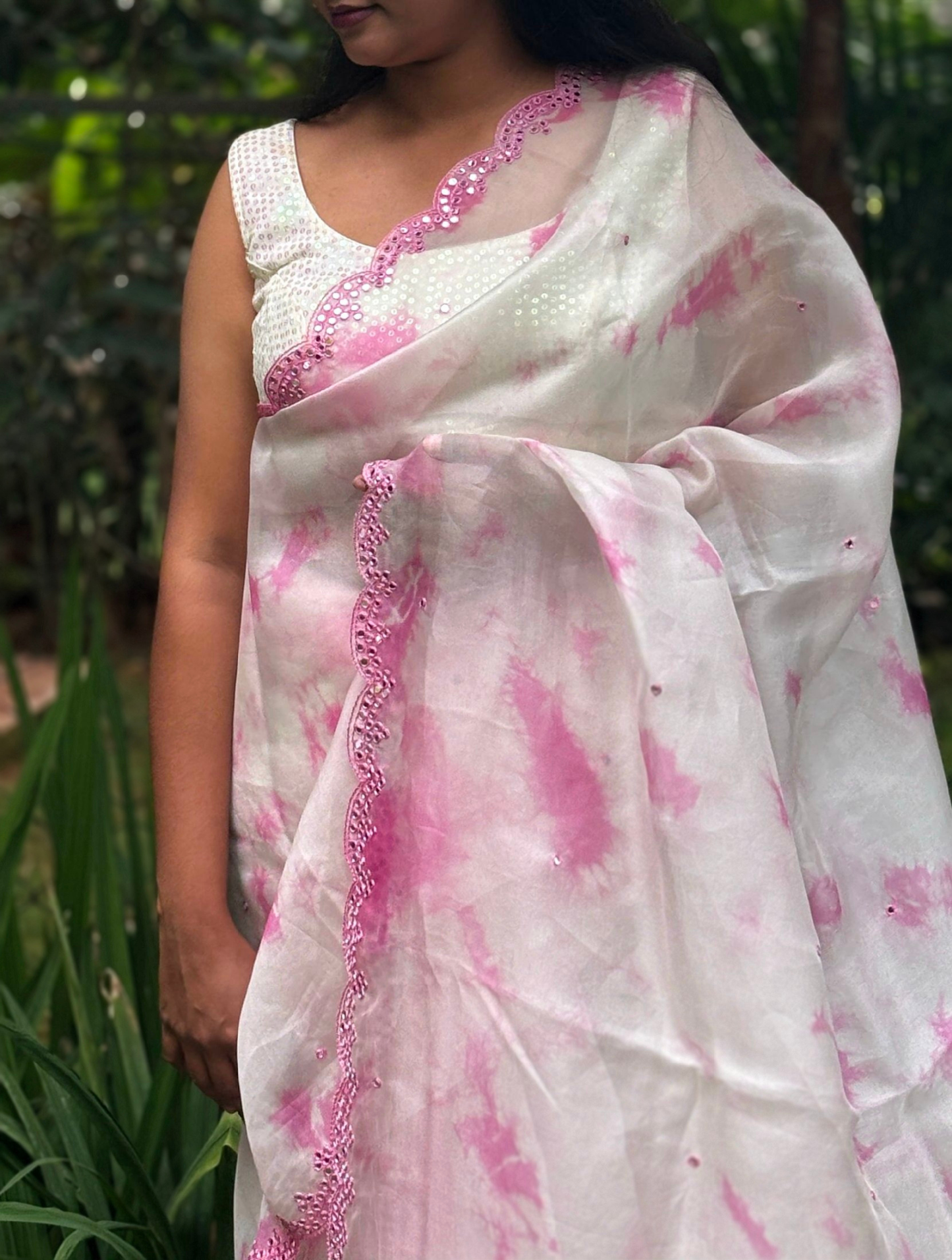 Mrinalini Off White / Pink Organza Silk Saree With Hand Mirrorwork