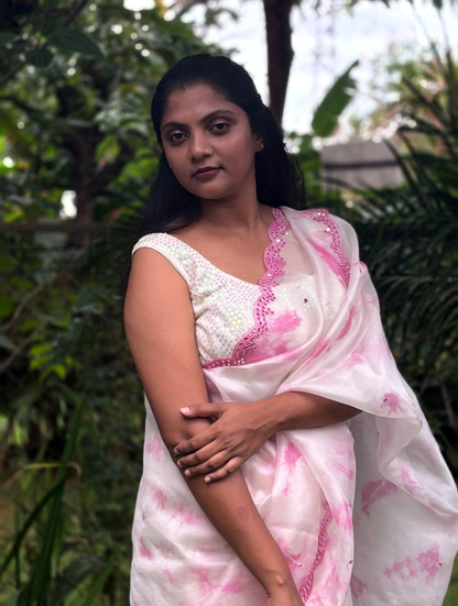 Mrinalini Off White / Pink Organza Silk Saree With Hand Mirrorwork