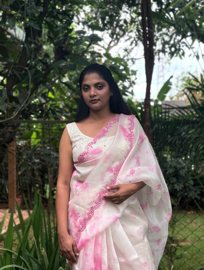 Mrinalini Off White / Pink Organza Silk Saree With Hand Mirrorwork