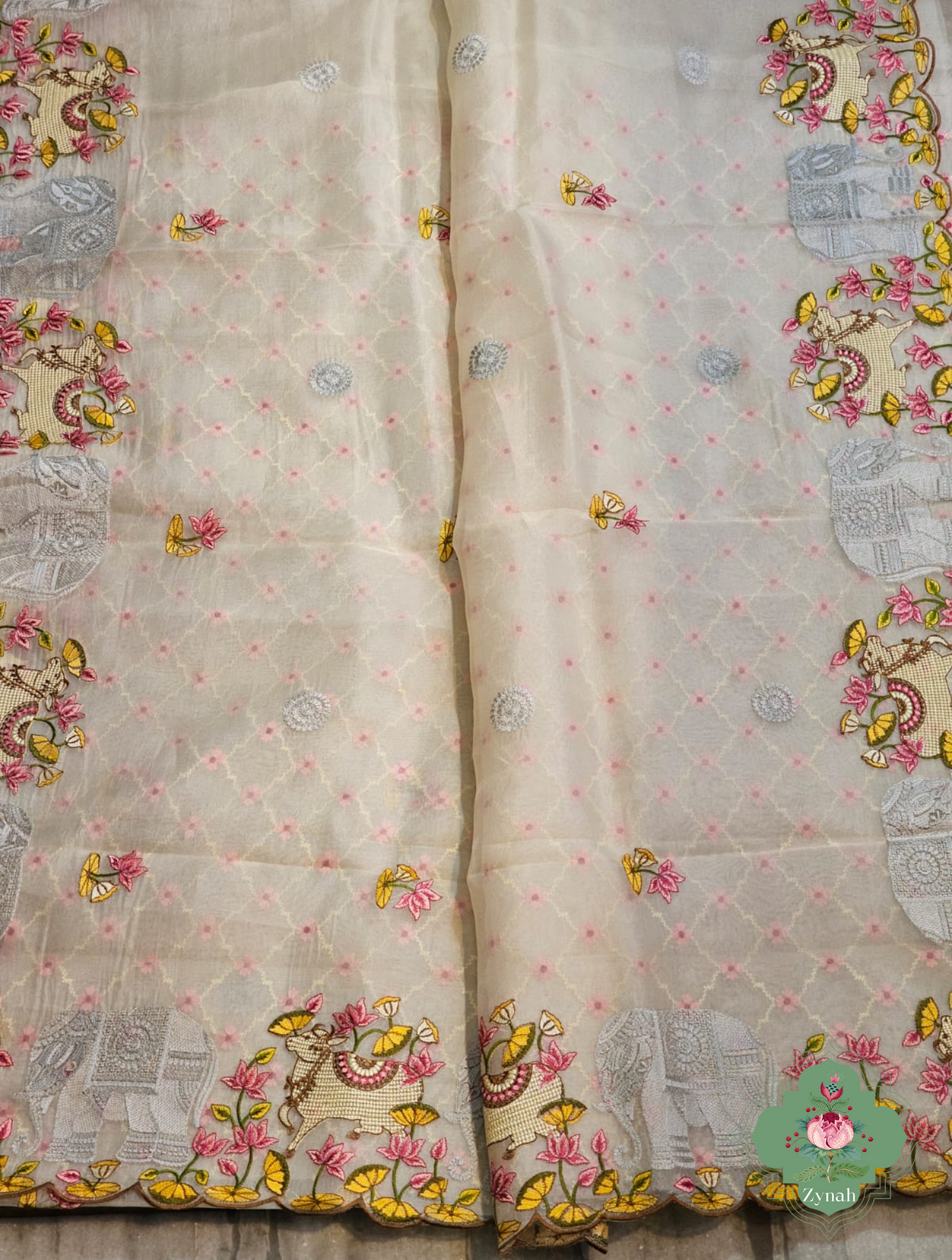 Zynah Pure Organza Silk Sarees With Elephant Pichwai Embroidery & Scallop Border; Custom Stitched/Ready-made Blouse, Fall, Petticoat; SKU: 0401202410