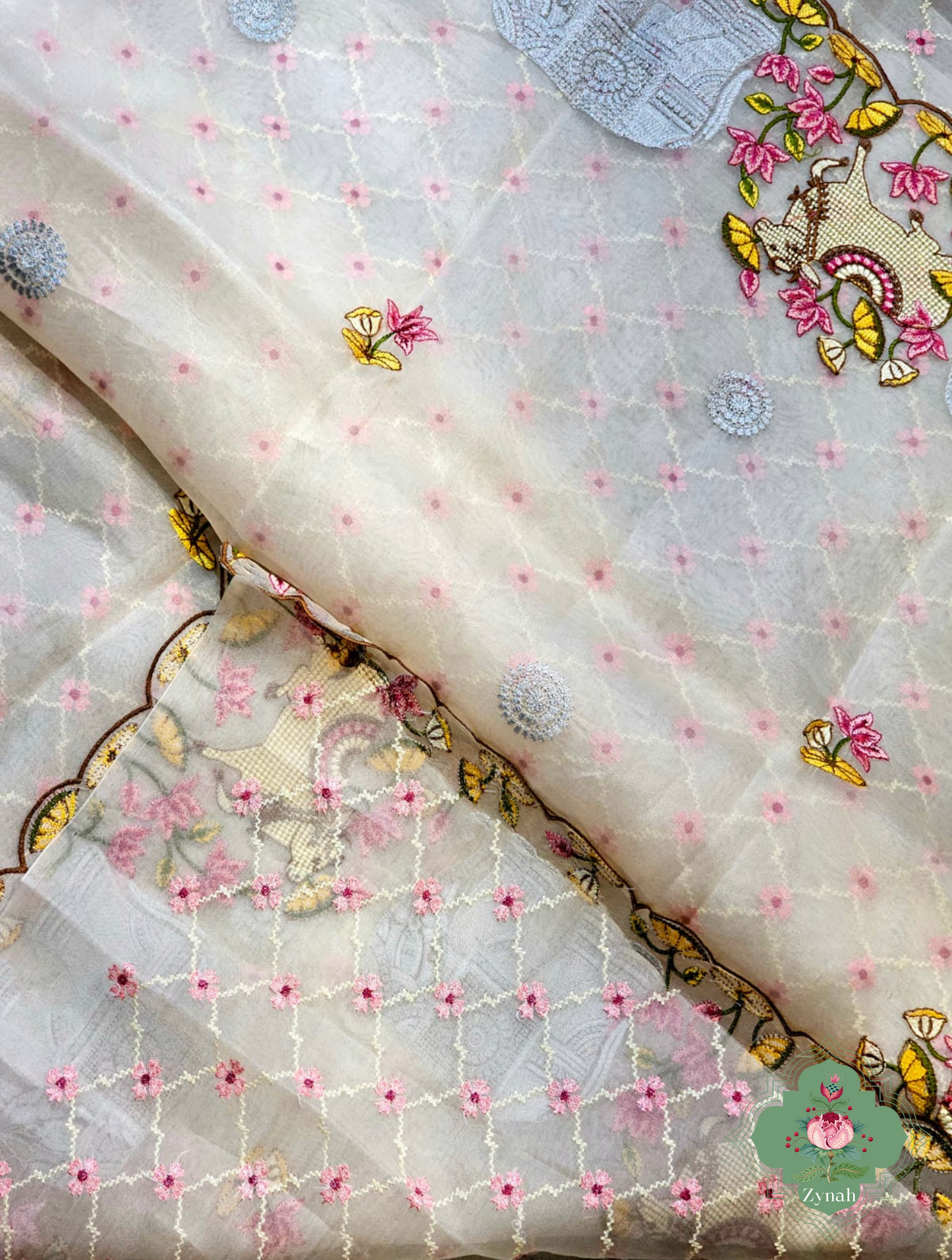 Zynah Pure Organza Silk Sarees With Elephant Pichwai Embroidery & Scallop Border; Custom Stitched/Ready-made Blouse, Fall, Petticoat; SKU: 0401202410