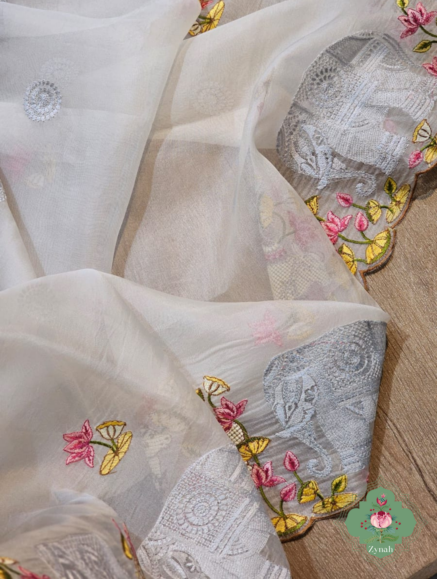 Zynah Pure Organza Silk Sarees With Elephant Pichwai Embroidery & Scallop Border; Custom Stitched/Ready-made Blouse, Fall, Petticoat; SKU: 0401202410