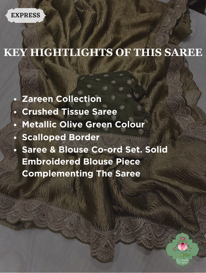 Metallic Olive Green Crushed Tissue Saree With Scalloped Border 2
