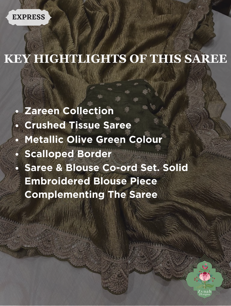 Metallic Olive Green Crushed Tissue Saree With Scalloped Border 2