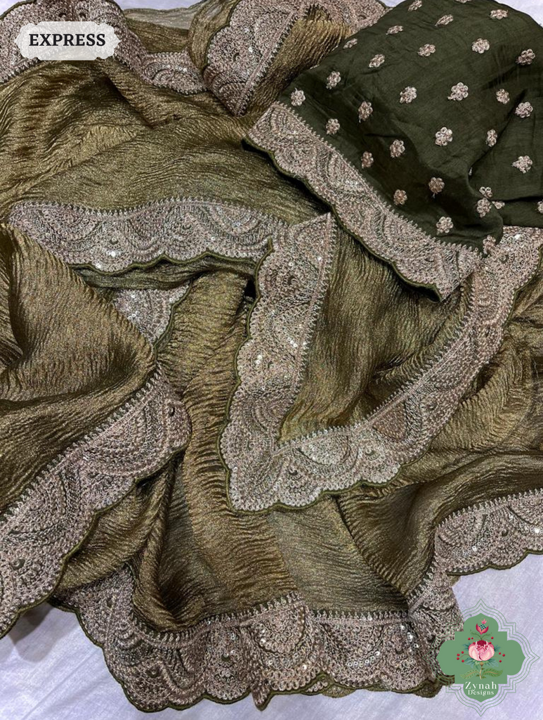 Metallic Olive Green Crushed Tissue Saree With Scalloped Border 3
