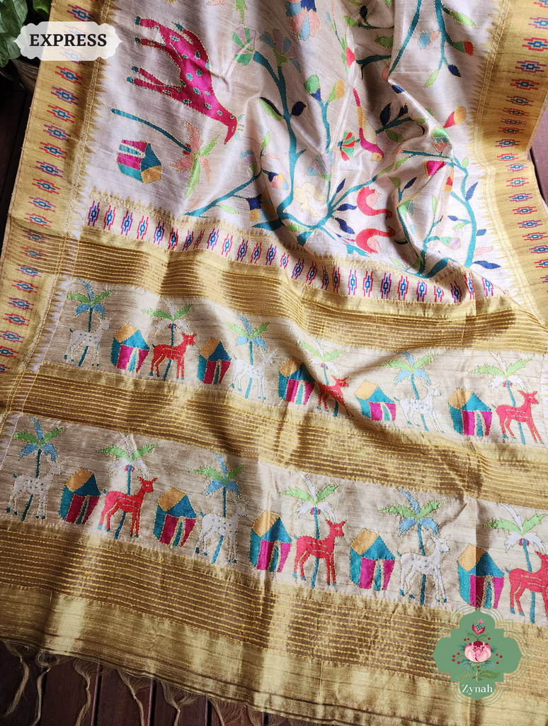 Zynah Beige & yellow Jute Linen Saree With Kantha Work; Custom Stitched/Ready-made Blouse, Fall, Petticoat; SKU: 2207202302