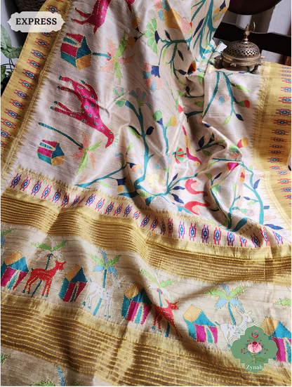 Zynah Beige & yellow Jute Linen Saree With Kantha Work; Custom Stitched/Ready-made Blouse, Fall, Petticoat; SKU: 2207202302