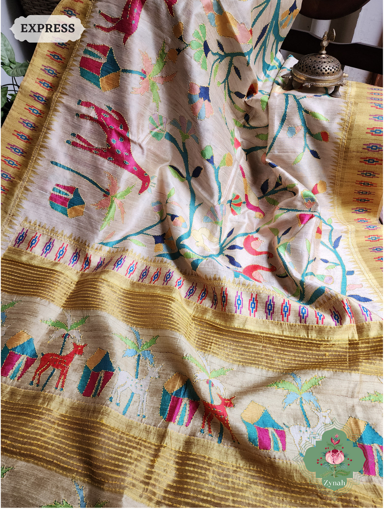 Zynah Beige & yellow Jute Linen Saree With Kantha Work; Custom Stitched/Ready-made Blouse, Fall, Petticoat; SKU: 2207202302